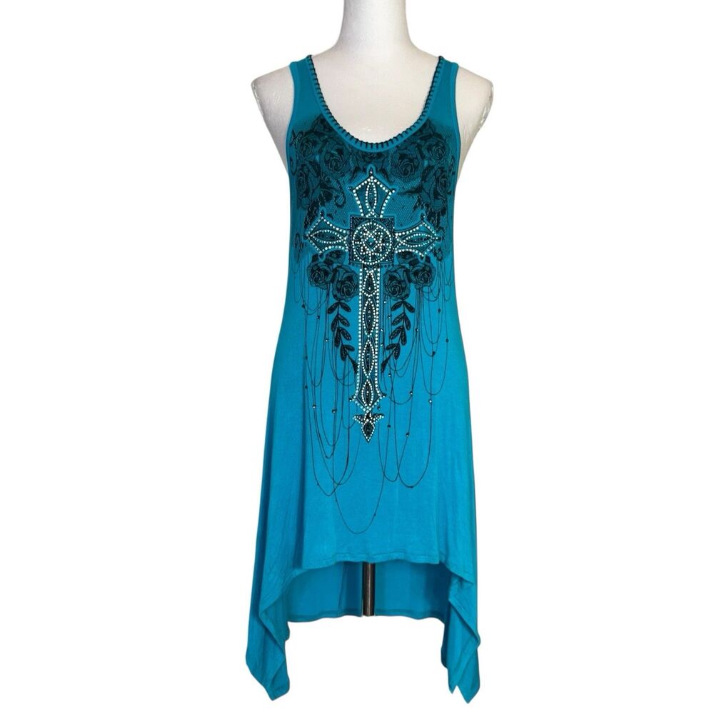 Vocal Teal Sleeveless Cross & Rose Studded High-Low Tunic